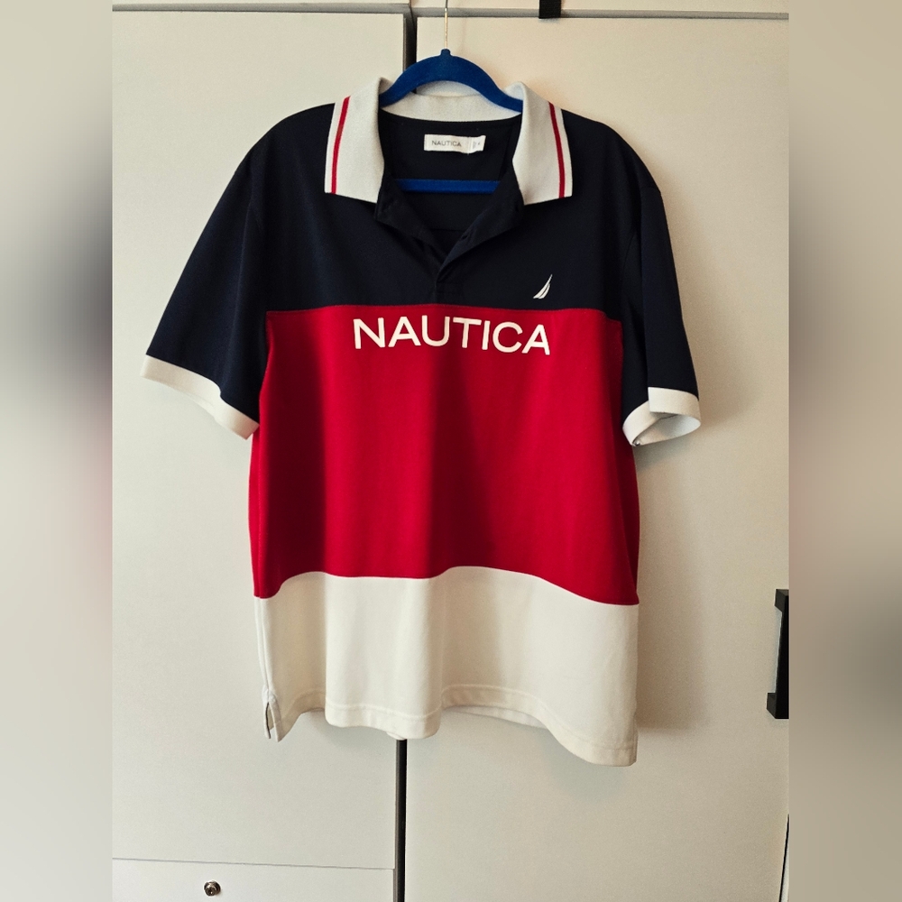 Nautica XL Red, Navy, and White Colorblock Performance Fabric Polo